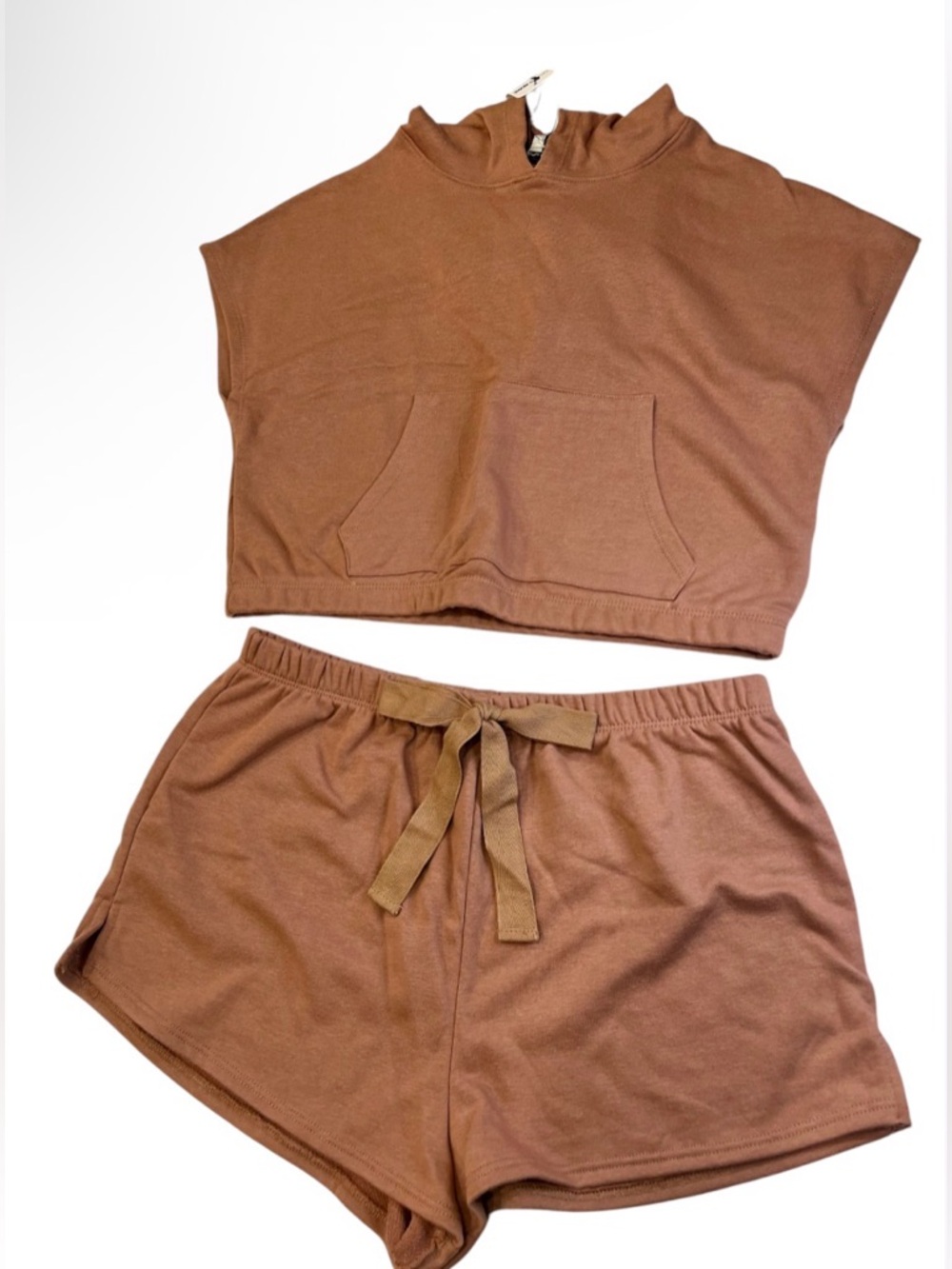 Fashion Nova Brown Sleeveless Crop Hoodie & Drawstring Shorts Set NWT